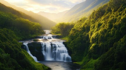 Fototapeta premium A serene waterfall cascades through lush greenery, surrounded by misty mountains under a soft, glowing sky, creating a tranquil natural scene.
