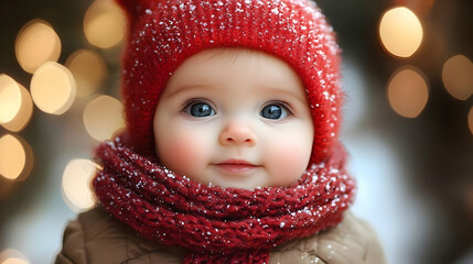 Fototapeta premium Adorable Baby Wears Red Winter Hat and Scarf with Sparkling Bokeh Background