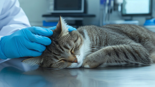 Veterinarian Examining Calm Tabby Cat on Stainless Steel Table with Soft Focus Background, Medical Equipment Scene