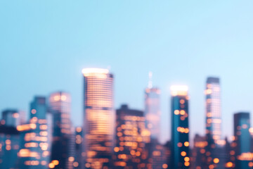 Blurry cityscape with skyscrapers glowing lights modern urban evening horizon serene scene