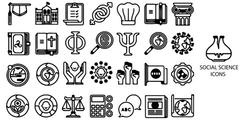 Social science simple concept 28 icons set. Contains such Social care, education, social justice, critical thinking, human thinking .Vector illustration.