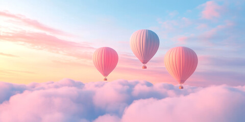 Naklejka premium Pastel hot air balloons floating in serene sky above fluffy clouds with soft golden sunset light