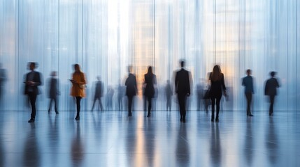 Blurred silhouettes of people walking in front of a large, translucent wall. The scene is urban, with muted colors and a reflective surface
