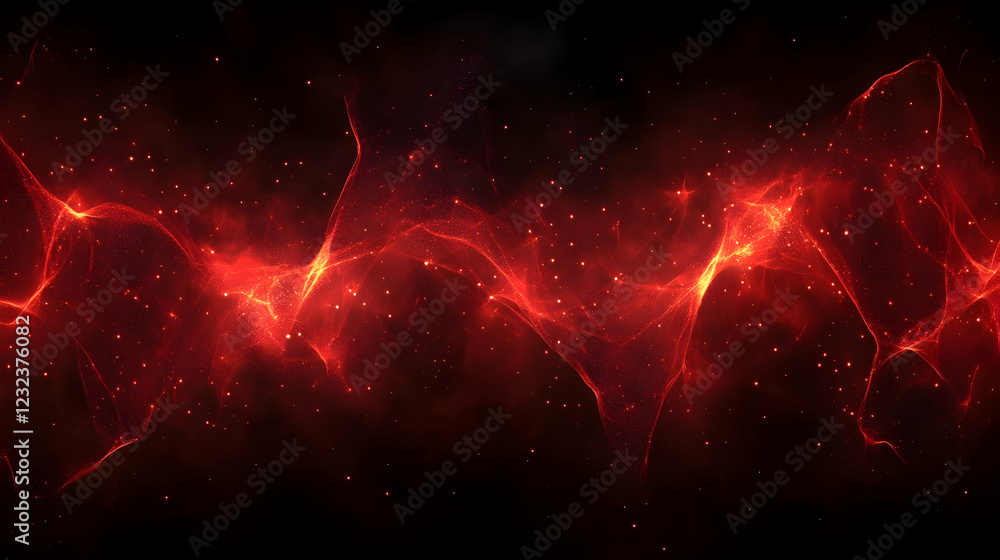 Poster abstract red waves flow gracefully with sparkling particles on a dark background.
