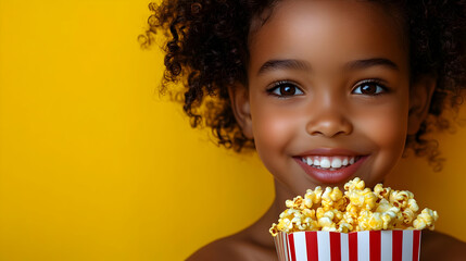 Smiling Child Holds Popcorn Bucket, Happy and Cheerful Against a Vibrant Yellow Background