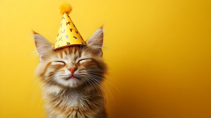 Ginger Kitten Wears a Festive Party Hat with Closed Eyes on a Yellow Background.