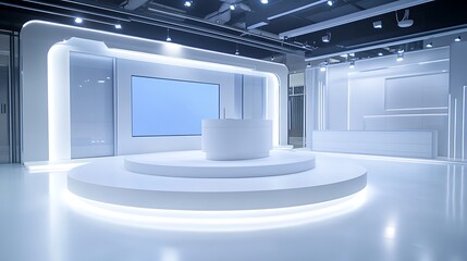 White news studio, empty, tv screen, modern, for broadcast
