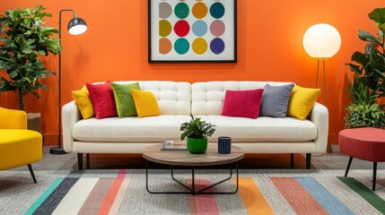 Vibrant living room interior with orange walls, white sofa, colorful pillows, and a round coffee table. A colorful rug, potted plants, and stylish