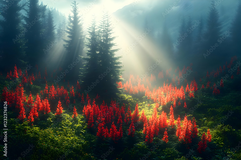 Poster sunlit forest path with red flowers and fog
