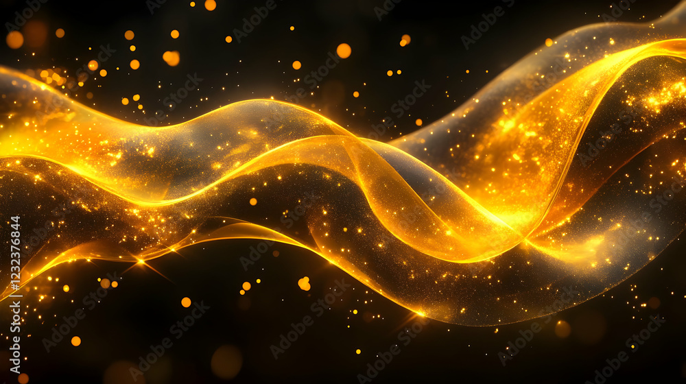 Poster abstract golden wave flows elegantly across a dark background with sparkling particles