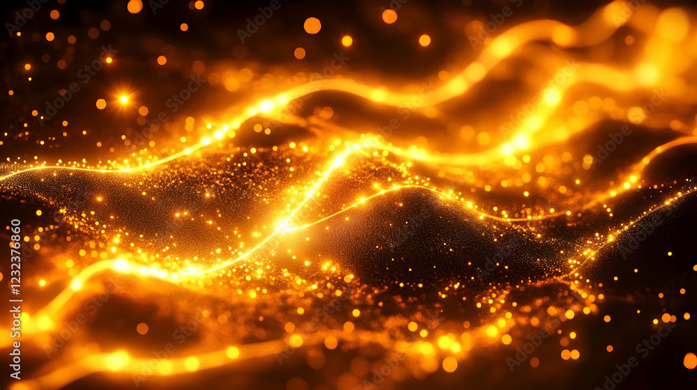 Poster abstract golden particles background flows elegantly with soft bokeh effects on black background