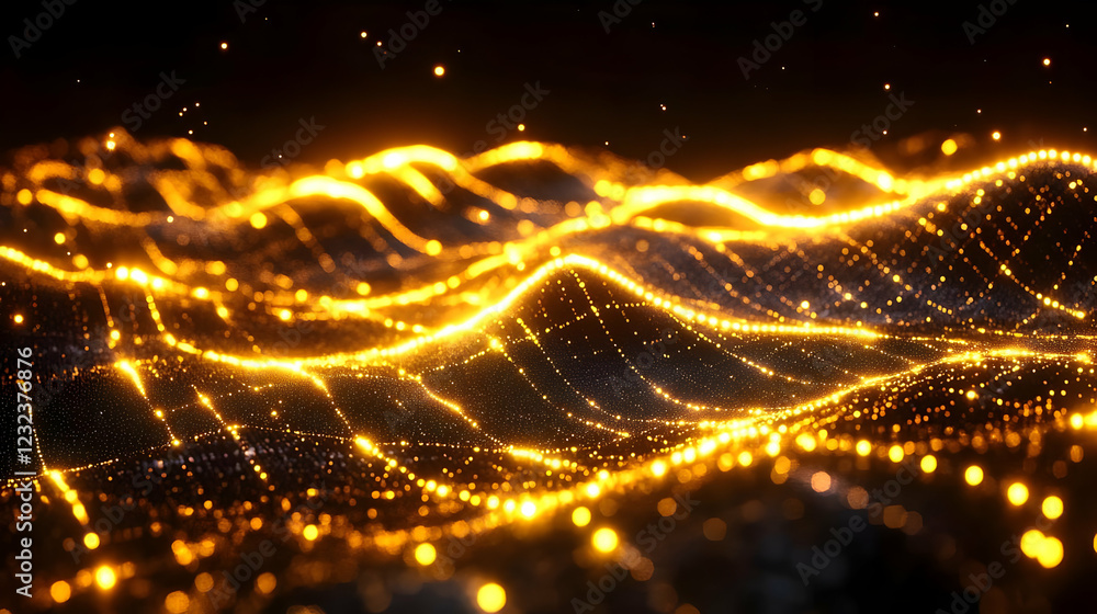 Poster abstract golden particle waves flow beautifully and gracefully on a dark background