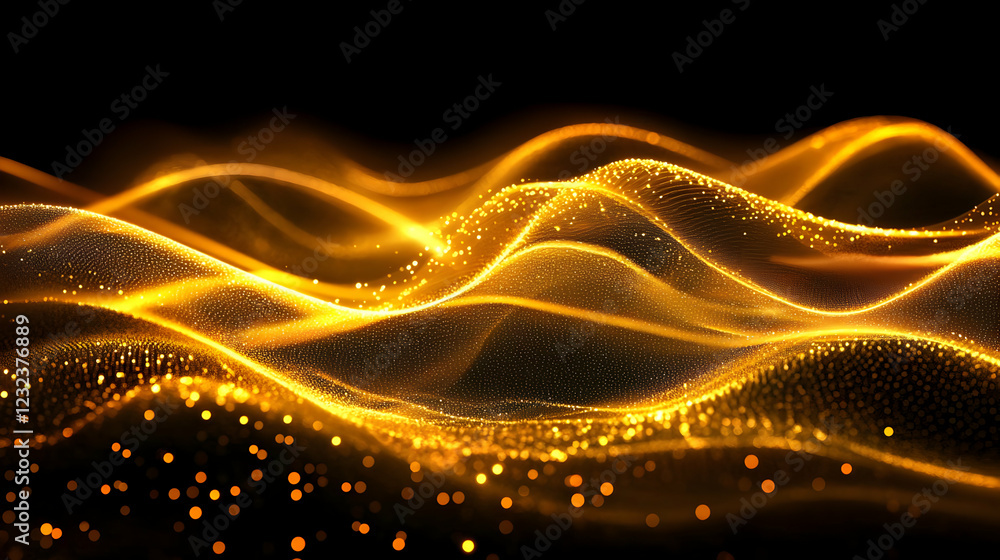 Poster abstract golden waves flow smoothly with sparkling particles on a dark background