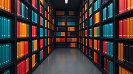 Fototapeta premium Explore the Vibrant Aesthetic of a Modern Library Filled with Colorful Digital Bookshelves. Visualization Practice Concept