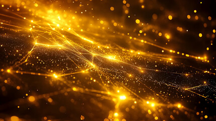 Obraz premium Golden Abstract Background with Lines, Particles, and Bokeh Effects Beautifully Illuminated