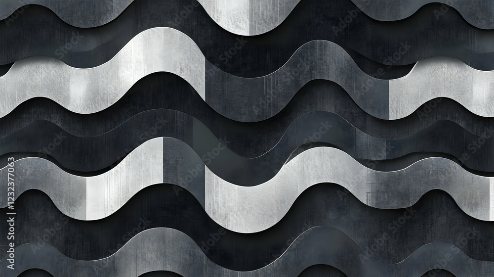 Poster abstract 3d wavy pattern forms a textured background in black and white.