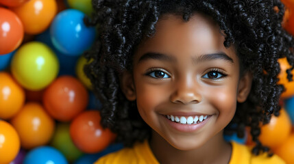 Happy Child Smiles Brightly Amidst Colorful Balls, Playful Joy, and Childhood Fun.