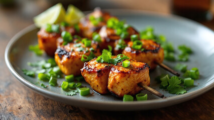 Fototapeta premium Delicious spring kebab skewers with fresh herbs and lime on a rustic plate
