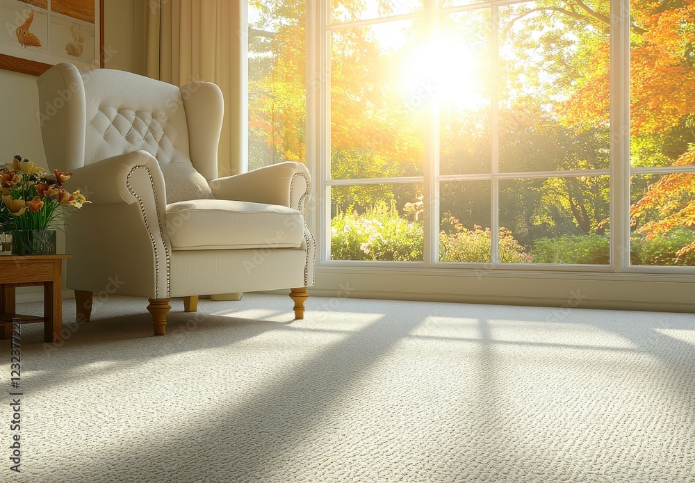 Poster sunlight streams through a large window illuminating a light beige armchair and plush carpet in a br