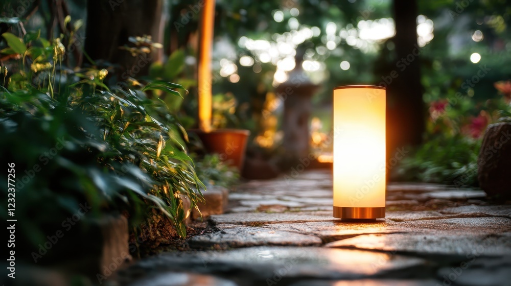 Poster an inviting scene featuring a soft-glowing lamp strategically placed in a lush garden, providing an 
