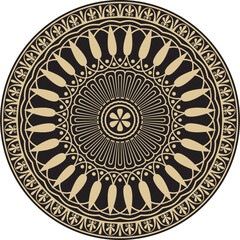 Vector gold with black classic Greek round ornament. Circle of Ancient Greece and the Roman Empire. Byzantine painting of walls, floors and ceilings. Decoration of European palaces