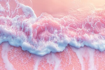 Serene pink waves gently lapping on a sandy shore during sunset at a tranquil beach