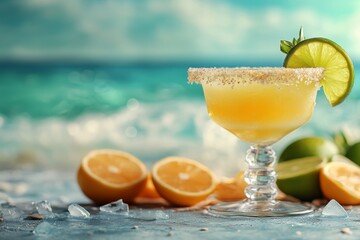 Obraz premium Refreshing citrus cocktail served by the beach on a sunny day with vibrant ocean backdrop