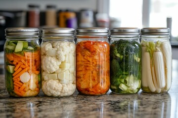 Five glass jars of pickled vegetables on counter.