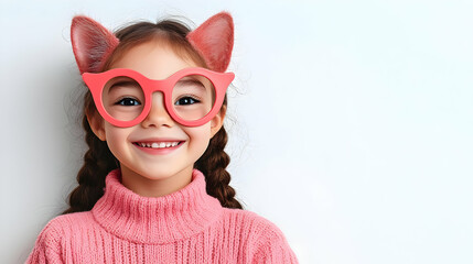 Smiling Girl Wears Pink Cat Ears and Oversized Glasses on a White Background