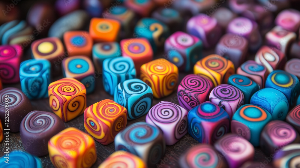 Poster a bunch of colorful blocks with swirls on them