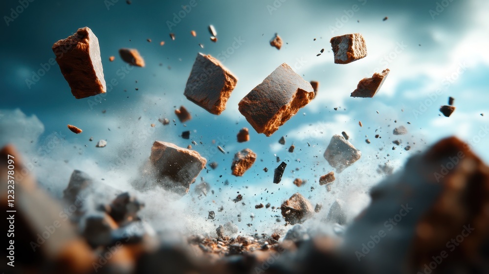 Poster dynamic rock cubes splinter and break apart in mid-air, showcasing dramatic angles and a sense of mo