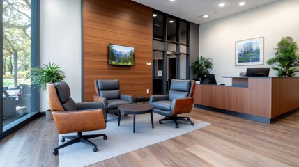 Fototapeta premium Elegantly designed modern workspace featuring wooden accent walls sleek and comfortable furniture ample lighting and a serene professional atmosphere for productivity and creativity