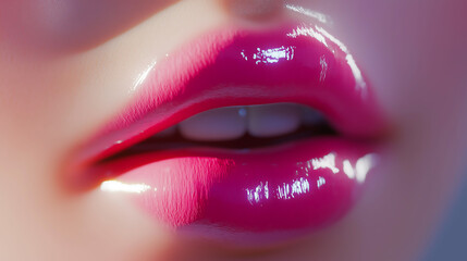 Obraz premium Girl lips with glossy shinny lipstick, Close up of lipstick with female lips, Beauty and cosmetics