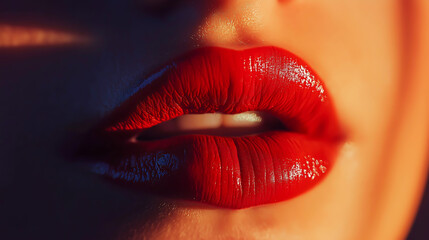 Fototapeta premium Girl lips with glossy shinny lipstick, Close up of lipstick with female lips, Beauty and cosmetics