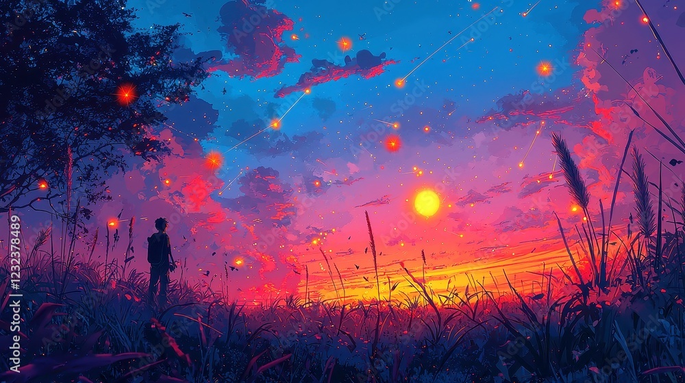 Poster enchanted firefly constellations, a pixel art scene showcasing a field alive with glowing fireflies,