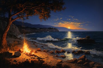 Bonfire burning brightly on sandy beach at sunset, couple admiring beautiful ocean view, romantic evening scene