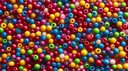 A bunch of colorful beads are scattered on a surface