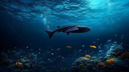 Naklejka premium A Tranquil Underwater Paradise: Luminous Marine Creatures Against a Deep Blue Seascape. Visualization Practice Concept