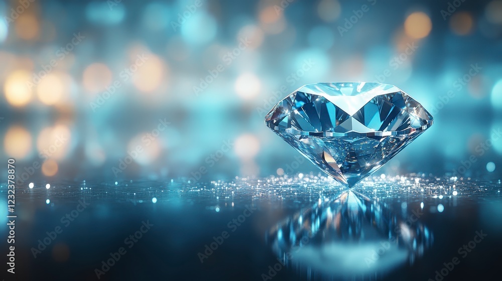 Poster brilliant diamond on dark reflective surface, illuminated by soft blue and gold bokeh lights. gleami