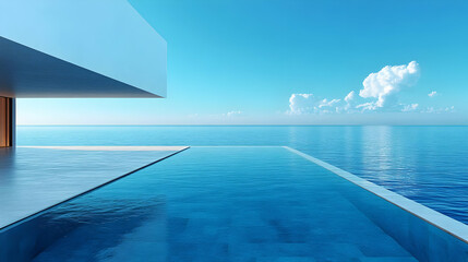 Modern house with infinity pool overlooks the calm blue ocean under a clear sky with fluffy clouds.