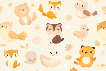 Cute Cartoon Animals in Soft Pastel Colors on Light Background