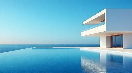 Modern white house with infinity pool overlooks the calm blue ocean under a clear sky.