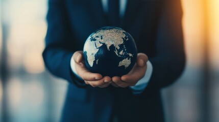Fototapeta premium A person in a suit holds a small globe, symbolizing global awareness, responsibility, and the interconnectedness of the world.