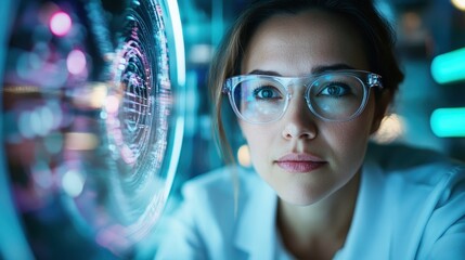A woman deeply focused on analyzing intricate digital displays, emphasizing the role of technology in research, and the pursuit of knowledge in a cutting-edge environment.