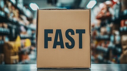 Close up view of a brown cardboard box with the word FAST printed in bold, black capital letters. The box sits on a dark surface, with a blurred