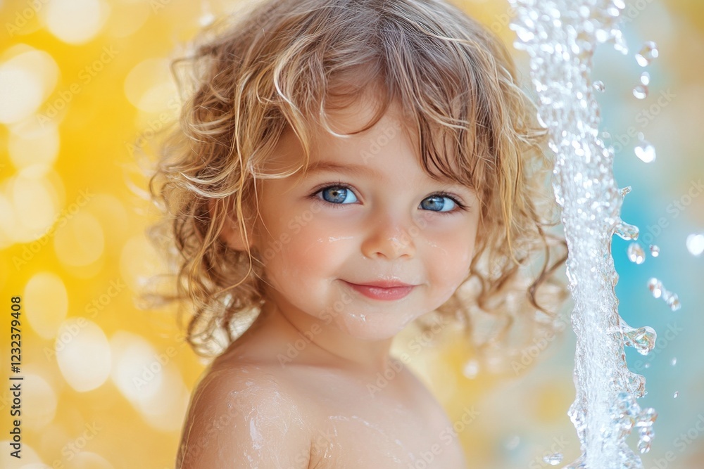 Poster child enjoys playful water splash on a sunny day while smiling with joy at a poolside location