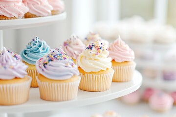 A bakery display filled with colorful cupcakes, cookies, and cakes topped with intricate decorations