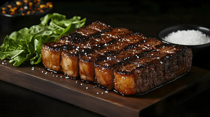 Sizzling Grilled Steak Rests on Wooden Board with Garnish and Salt, Culinary Delight on Dark Background.