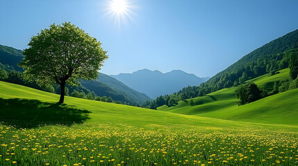 Obraz premium Lush Green Valley Shows Off Rolling Hills, Wildflowers, and Lone Tree Under Bright Sunshine