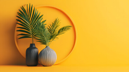 Two stylish vases with green foliage are set against vibrant yellow background, creating sleek botanical themed scene. composition is modern and eye catching